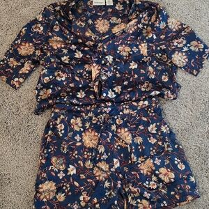 Haute Hippie Floral Pajama Set - Navy and Gold